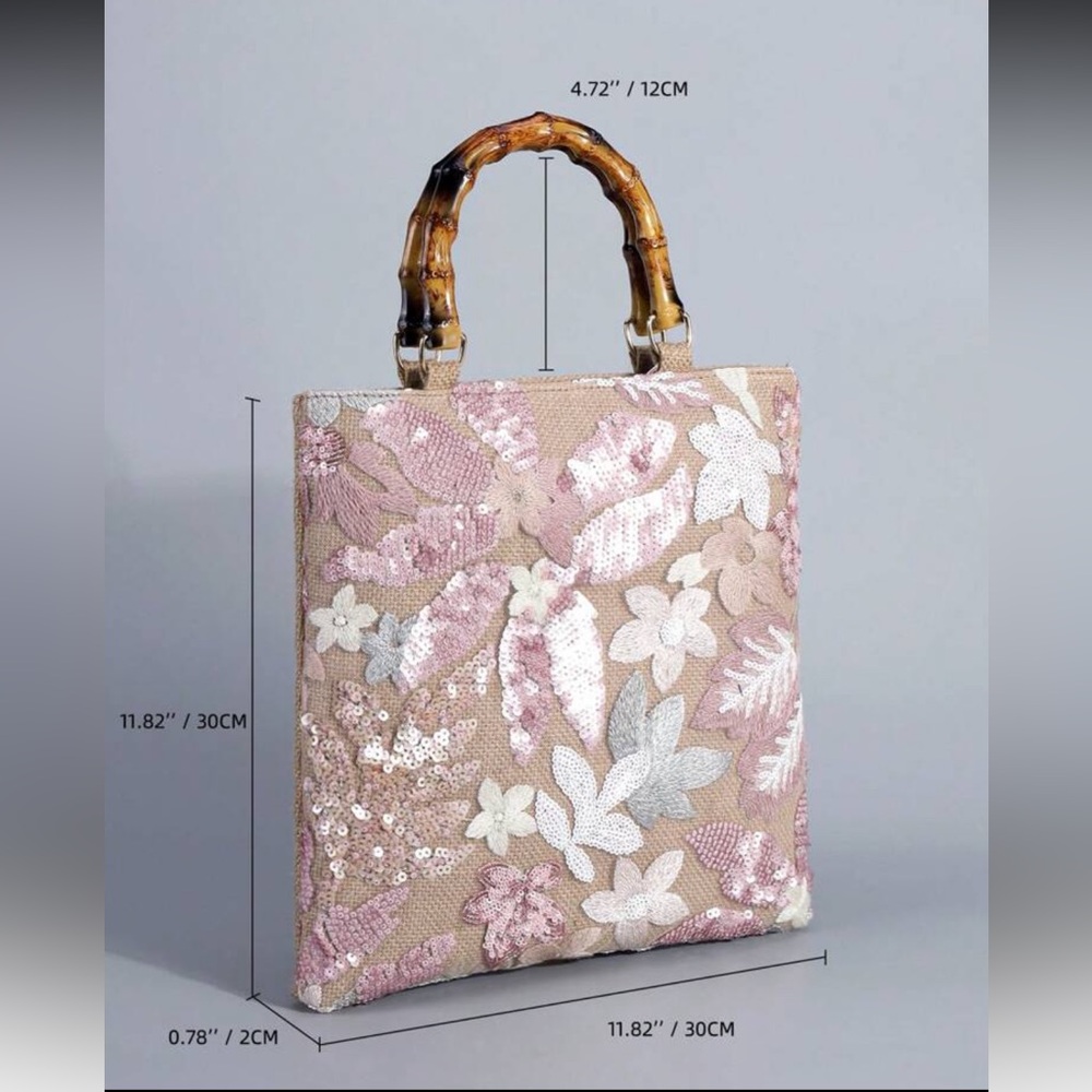Floral Embroidered Tote Bag with Bamboo Handle